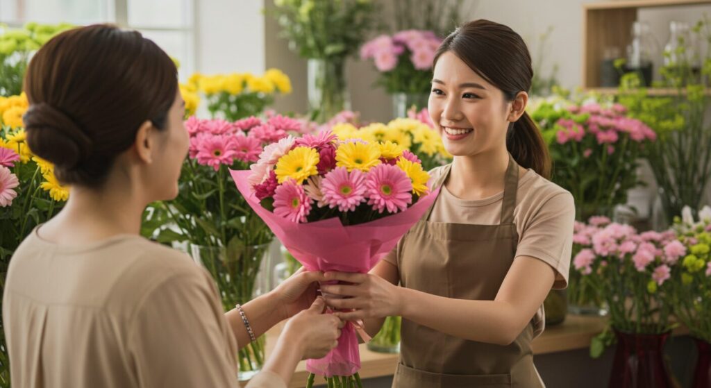 花屋の店員が笑顔で顧客に花束を手渡している様子