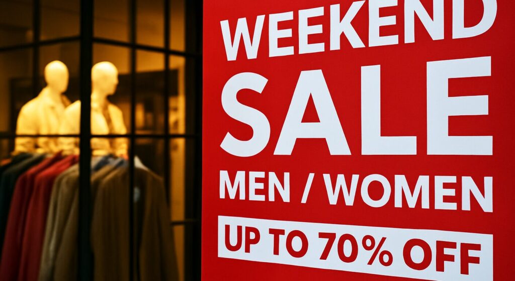 アパレルショップの店頭に掲示された赤い週末セールの看板。「WEEKEND SALE」「MEN / WOMEN」「UP TO 70% OFF」と白文字で大きく書かれている。背景にはぼやけた店内の様子が見え、温かみのある照明と黒い格子のガラス窓、マネキンのシルエット、赤い衣類がハンガーにかけられているのが確認できる。