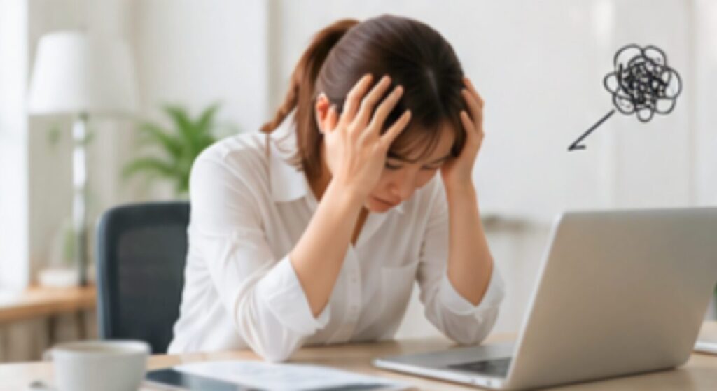 頭を抱えて悩む女性起業家――集客がうまくいかない原因は「あなた」ではなく「構造」にある